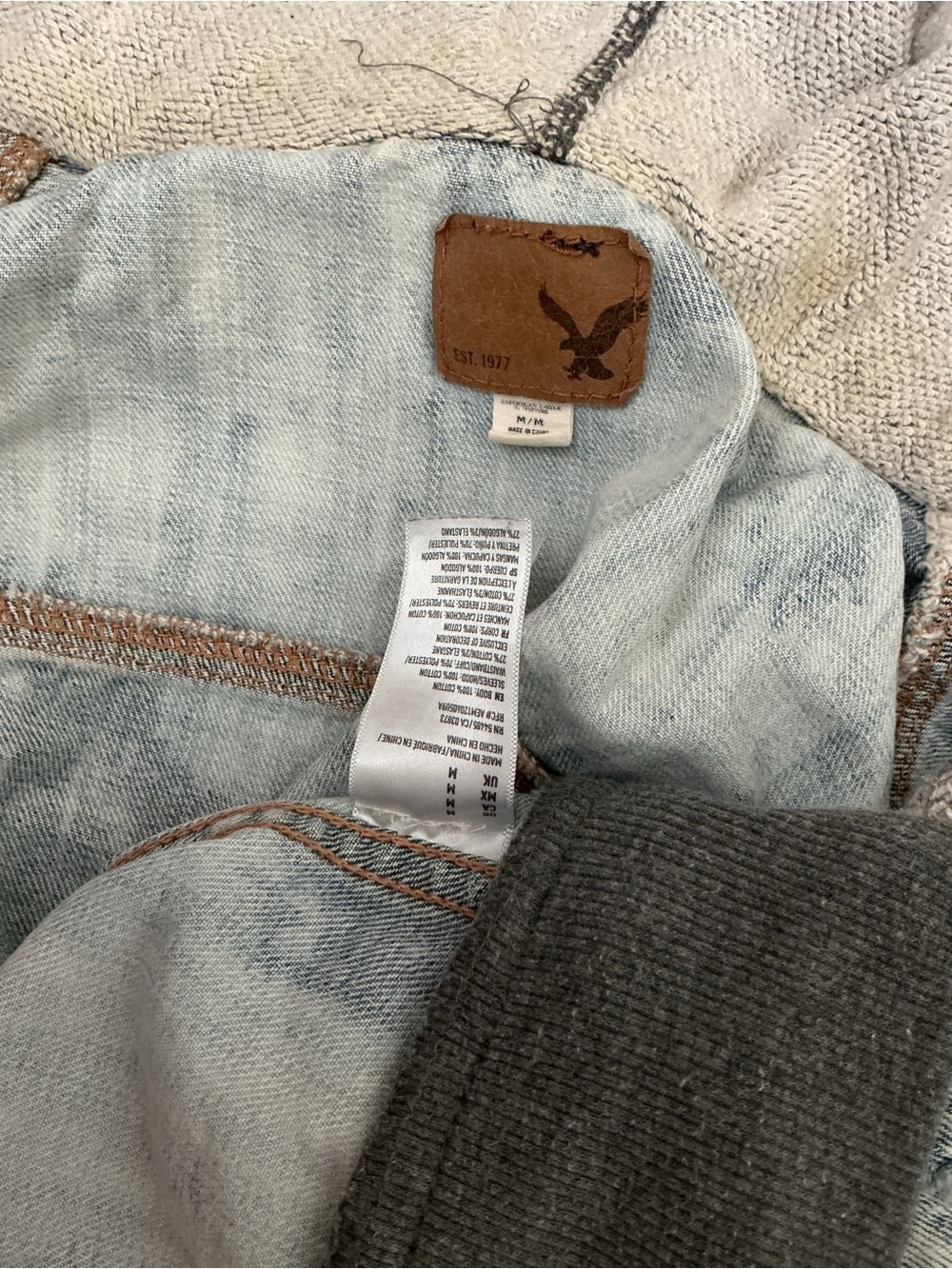 American Eagle Outfitters Two-Tone Denim Jacket with Gray Knit Sleeves - Picture 6 of 7